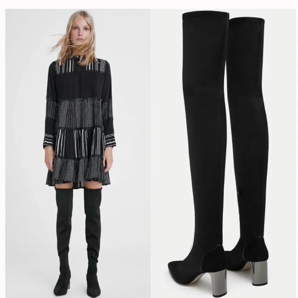 ZARA Over the Knee Stretch Black Boots Silver Heel Size 8 Thigh High Neoprene